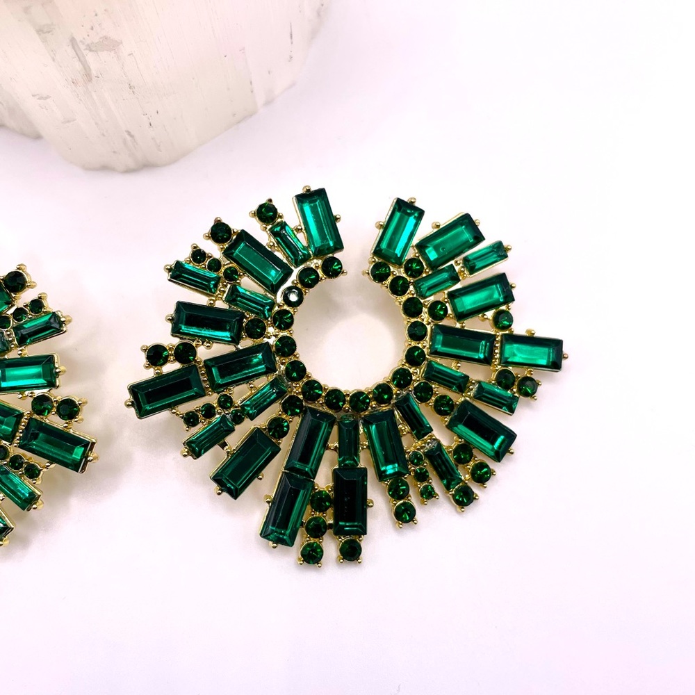 Green Rhinestone Statement Earrings - Picture 5 of 7